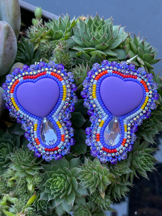 L Purple Heart Beaded Earrings